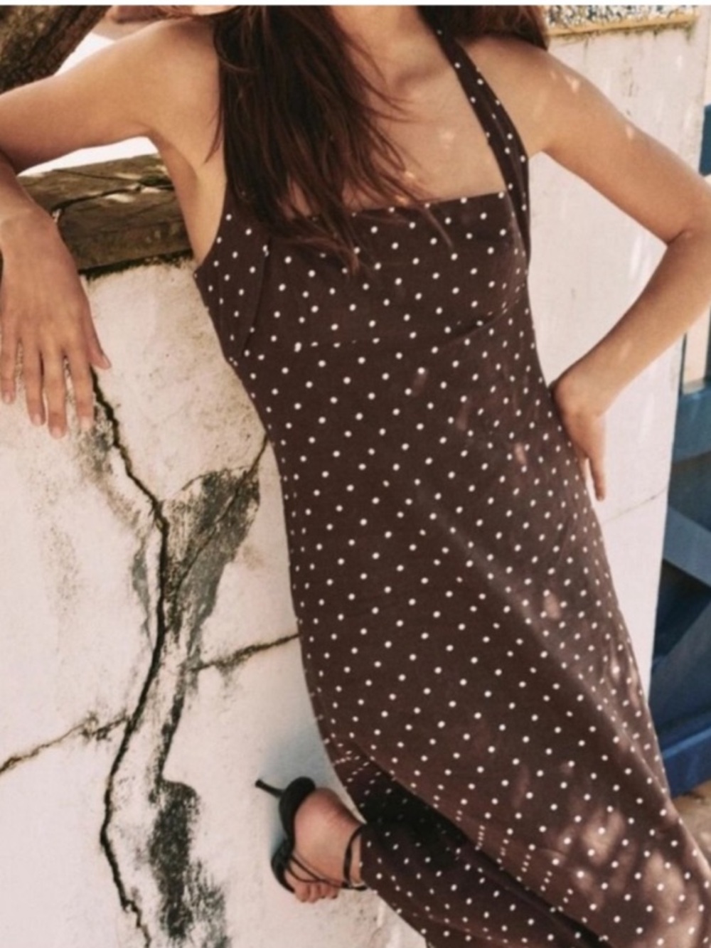 Zara | Linen viscose blend retro brown polka dots halter tie midi dress large